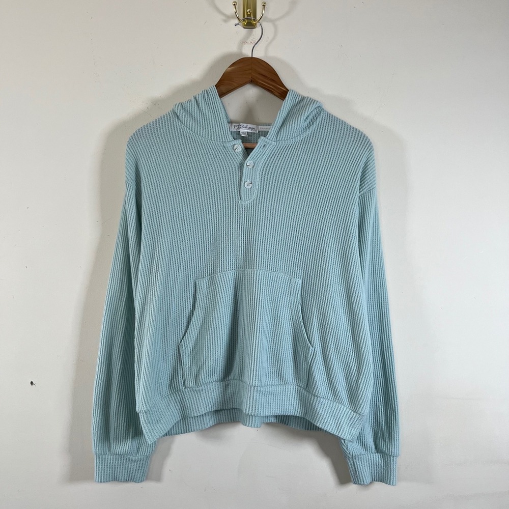PJ Salvage Waffle Knit Hoodie Boxy Sweatshirt Teal Blue Medium Cozy Loungewear